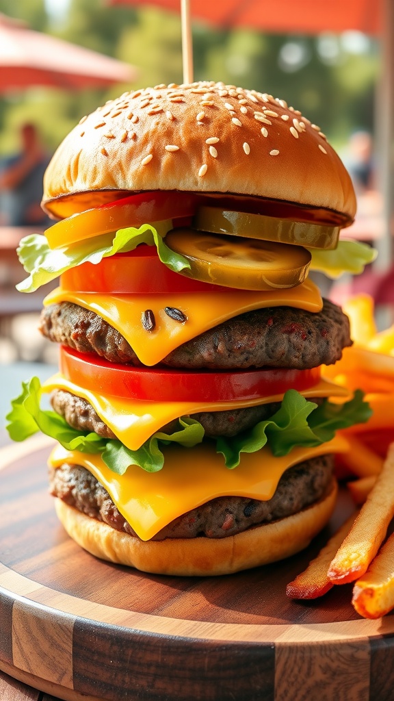 A classic cheeseburger with beef patty, cheddar cheese, lettuce, tomato, and pickles on a toasted bun, served with fries.
